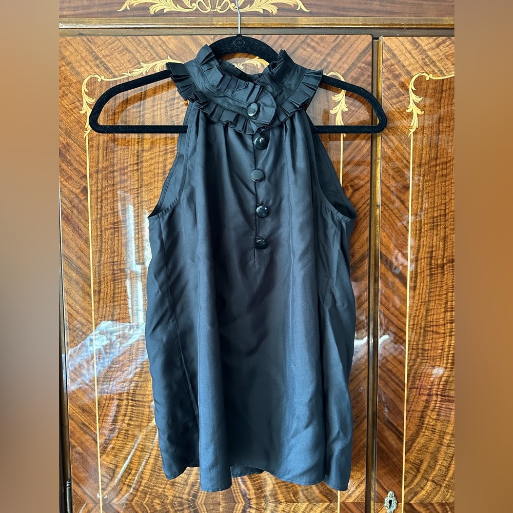 Women's J.Crew Black Silk Ruffle Neck Blouse XS